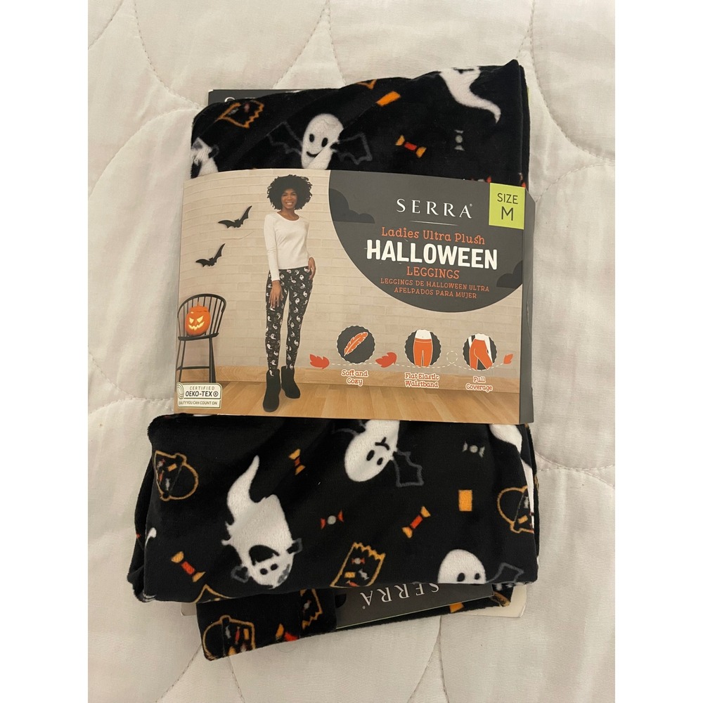 Serra Ladies Ultra Plush Halloween Leggings Black Ghost Print Size Medium 8-10